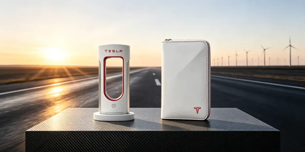 Custom 1:18 scale Tesla Supercharger replica wireless charging desk sculpture in matte white and black, alongside a luxury white leather tech organizer wallet with red stitching, displayed on a carbon fiber block with a sunrise highway and wind turbines background.