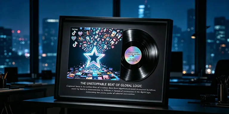 Bespoke TikTok milestone gifts vinyl record sound art frame featuring a glowing holographic algorithm star and digital music notes waterfall print, with custom metal typography plaque underneath, presented on a dark reflective desk in a dimmed cyberpunk office overlooking a night city skyline.