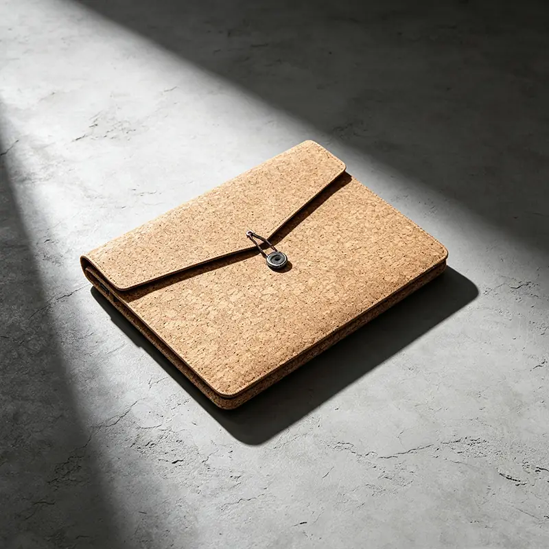 Minimalist laptop envelope sleeve made from upcycled coffee grounds fabric with an industrial button closure, resting on a cold gray micro-cement surface under stark geometric lighting.