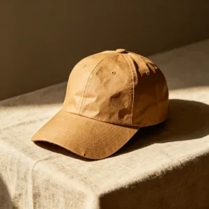 Unstructured premium sustainable corporate gifts baseball cap crafted from heavy-duty washable kraft paper in warm tan-brown, resting on an undyed coarse linen cloth background with dramatic sidelight.