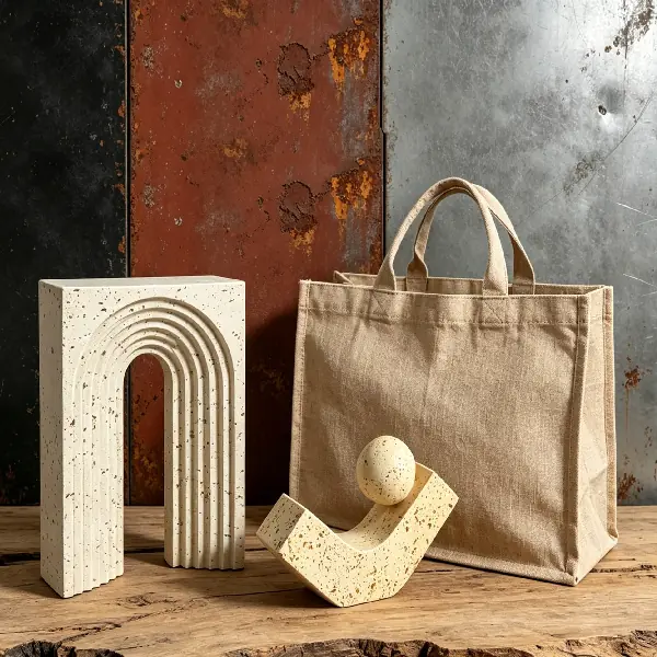 VIP gifts for architecture firm featuring a geometric faux-travertine arched bookend, a travertine hook desk sculpture, and a raw linen tote bag against a carbon steel background.