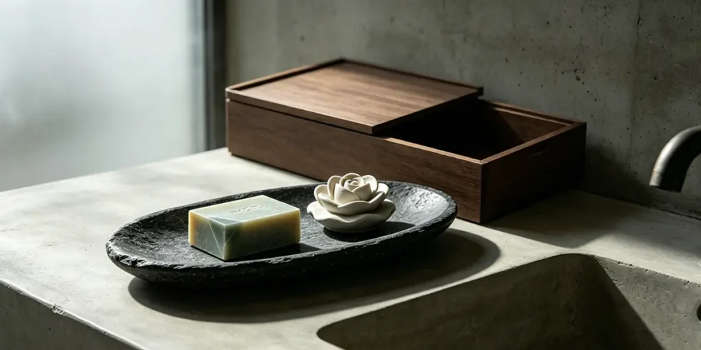 A high-end olfactory space gift collection presented in an open premium dark walnut wood box, featuring an organic handmade soap bar and a rose-shaped ceramic diffuser stone resting on a chiseled black slate tray.