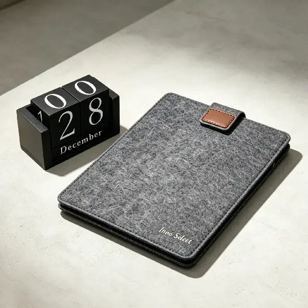 Sustainable felt laptop sleeve and wooden perpetual calendar for corporate welcome gifts.
