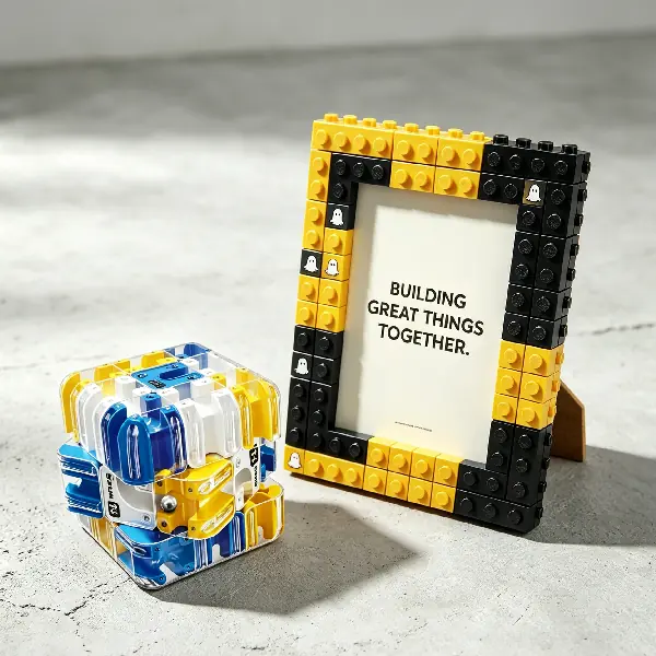 Creative modular building block photo frame and 3D cube for 2026 fall employee onboarding kits.