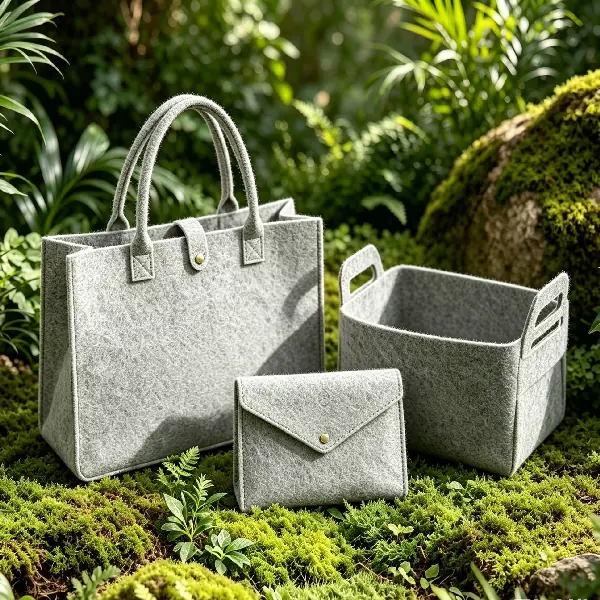 Custom event gifts showcasing a grey recycled felt tote bag, envelope pouch, and geometric storage basket on an organic green moss background.