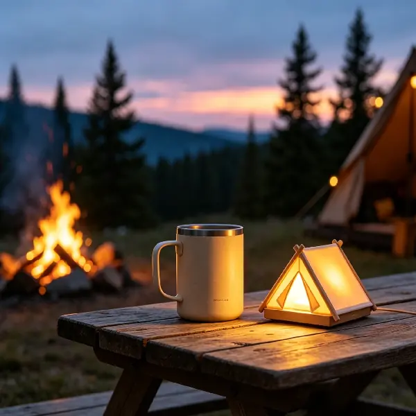 Brand activation gifts featuring a retro tent night light and an oatmeal-colored travel tumbler on a rustic wood camping table at sunset.