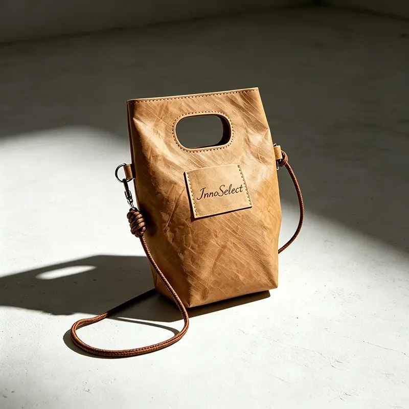 A rugged, leather-textured brown DuPont Tyvek paper-fabric crossbody mobile phone pouch with a slim shoulder cord and die-cut handle, debossed with InnoSelect logo under deep geometric shadows.