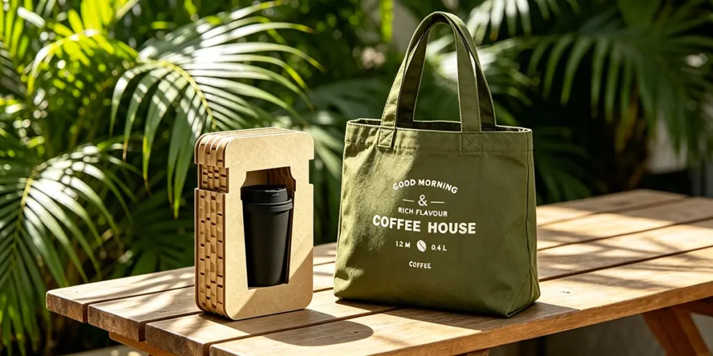 A vibrant employee summer welcome gift set arranged on an outdoor wooden picnic table, showcasing an olive green canvas tote bag alongside a sleek black commuter coffee tumbler locked inside a glue-free honeycomb cardboard protector.