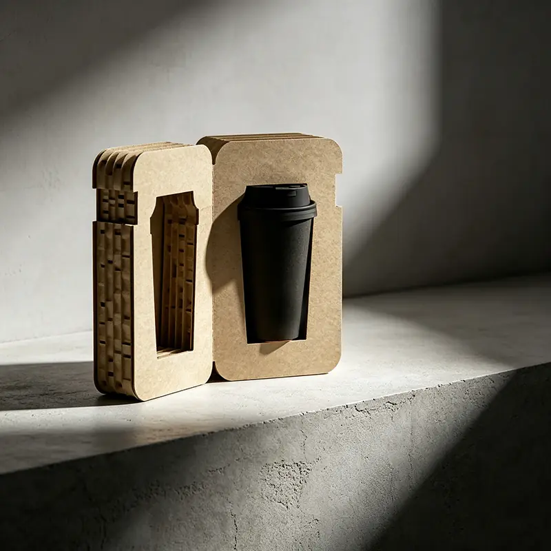 An innovative zero-glue honeycomb textured cardboard protective box, custom-cut to physically interlock a sleek black commuter tumbler cup, showcased under high-contrast dramatic architectural light.
