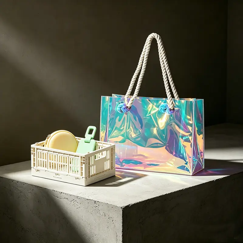 A vibrant iridescent holographic plastic tote bag with thick woven rope handles next to a cream-colored modular collapsible mini plastic storage crate, showcasing modern trend-forward corporate event packaging.