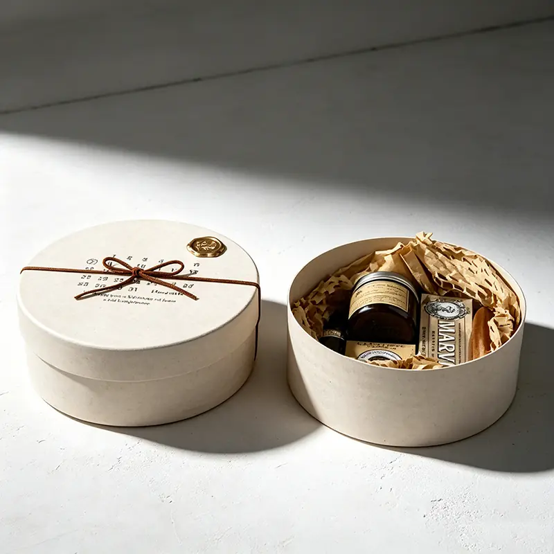 A minimalist round gift box crafted from biodegradable cream-white molded paper pulp, tied with a thin brown hemp cord and sealed with a gold wax stamp, filled with shredded kraft paper holding premium skincare products.