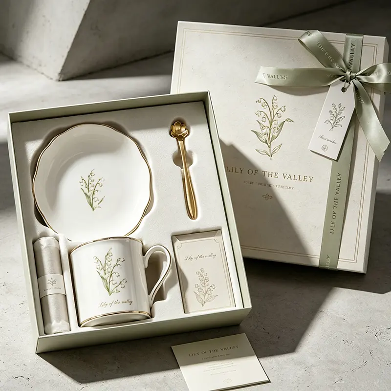 A classic off-white textured lid-and-base gift box wrapped with a sage green satin ribbon bow and custom gift tag, beautifully presenting a luxury porcelain mug, saucer, and golden spoon set in tailored foam inserts.