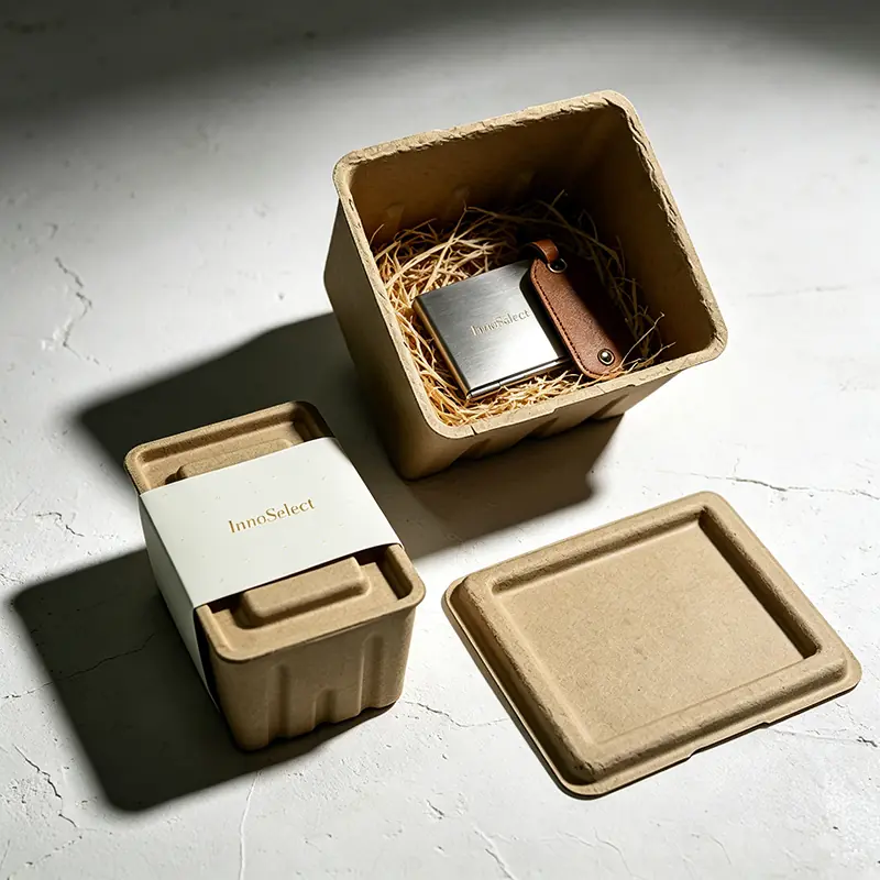 A set of heavy-duty dry-press molded plant fiber containers wrapped with a clean white InnoSelect paper belly band, with the open box showcasing a premium metal business card holder resting on natural straw beddings.