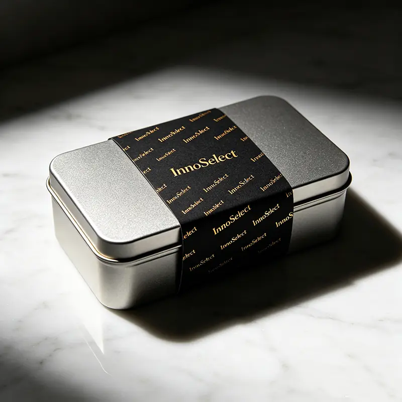 Sleek rectangular matte silver tinplate gift box with a textured black paper sleeve foil-stamped with the InnoSelect brand logo, captured under dramatic single-sided lighting on a white marble texture surface.