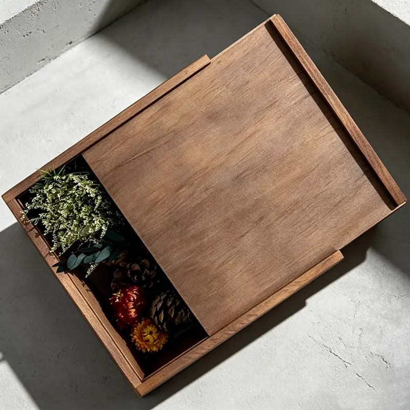 An overhead view of a luxury dark walnut solid wood gift box with a smooth sliding lid, partially opened to reveal an artistic arrangement of dried seasonal flowers, pinecones, and botanical elements under natural sunlight.