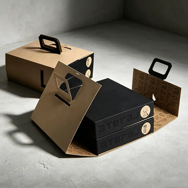 An innovative structural kraft paperboard gift carrier with a built-in handle, engineered to unfold and securely lock two sleek matte black rigid gift boxes printed with geometric icons for creative corporate onboarding kits.