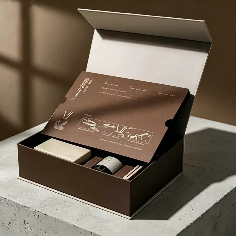 A high-end dark chocolate brown rigid magnetic flap gift box, opened to reveal a curated reed diffuser set and a sophisticated brown textured paper introductory brand story card resting on a concrete counter.