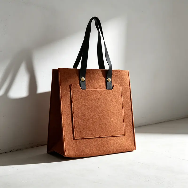A structured, high-density terracotta brown recycled industrial felt business tote bag with black leather shoulder straps and an exterior pocket, leaning against a clean gallery wall under crisp sunlight.