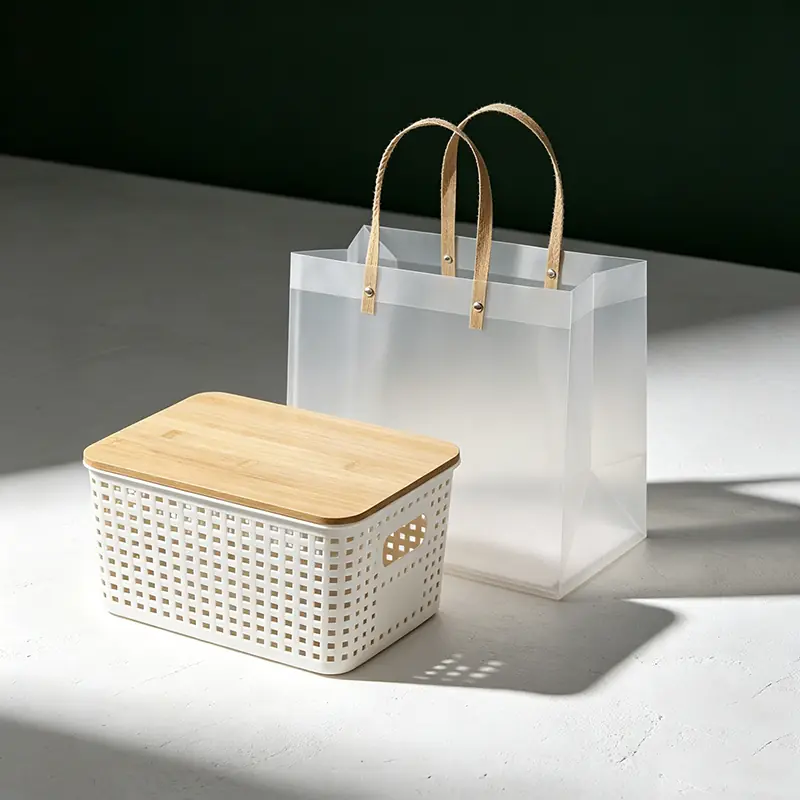 A dual-purpose white lattice desktop organizer box with an authentic natural bamboo wooden lid, paired with a minimalist frosted semi-transparent tote bag featuring leather-textured handles for zero-waste executive gifts.