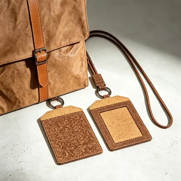 Washable kraft paper backpack and recycled coffee grounds ID holder for Gen-Z onboarding.