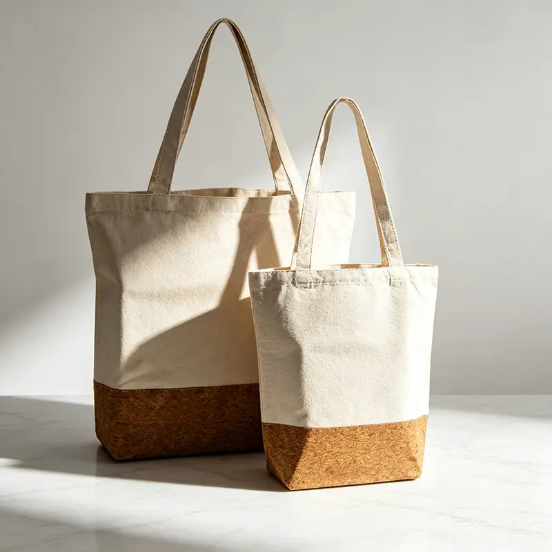 Two minimalist cream-white canvas tote bags with organic Mediterranean natural cork paneled bottoms, standing on a bright marble desk under soft natural morning sunlight for eco-friendly premium packaging solutions.