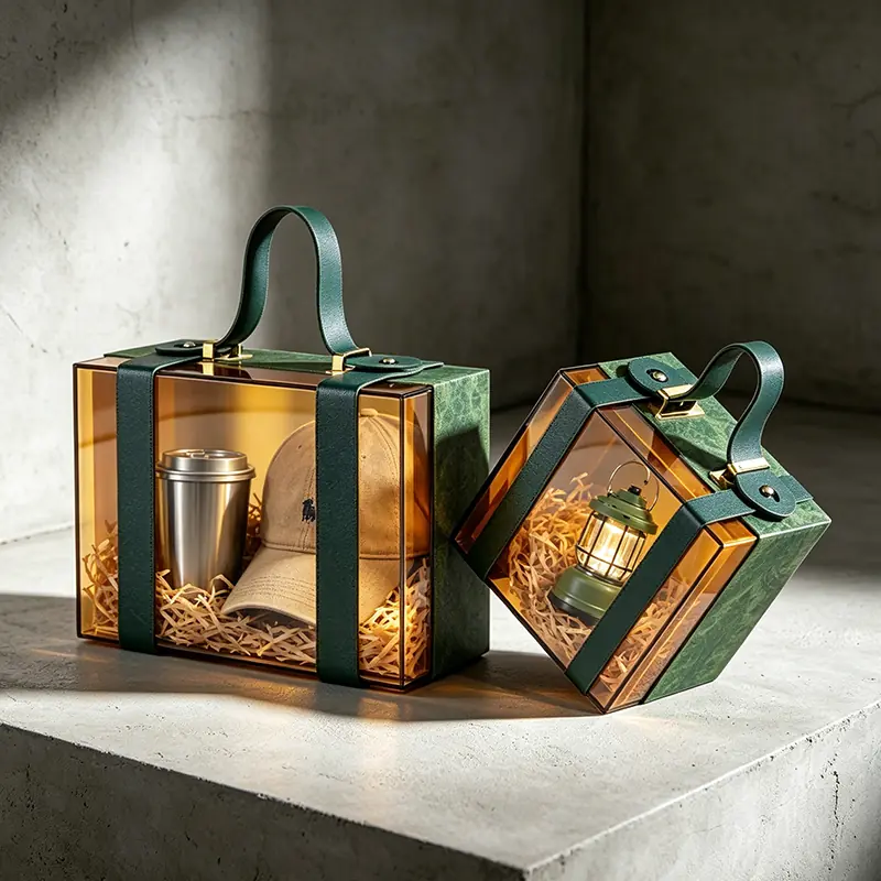 Two luxury amber-tinted translucent acrylic gift cases with dark green textured leather straps and top handles, showcasing a premium stainless steel tumbler, a baseball cap, and a mini vintage camping lantern nested in raffia.