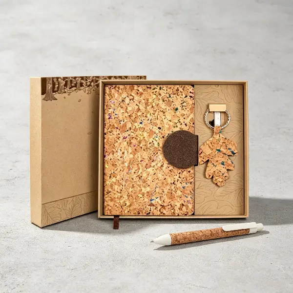 Innoselect sustainable client appreciation gifts with cork notebook, hat cap and wheat straw ballpoint pen set