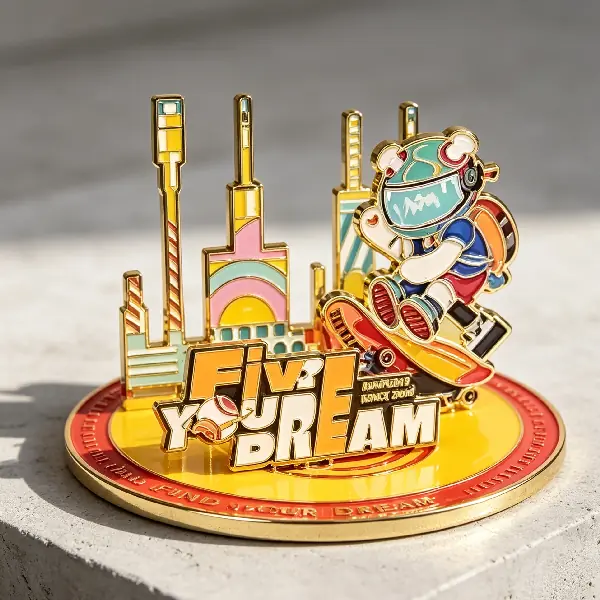 Corporate anniversary gift with 3D metal desktop sculpture combines a base stand with detachable magnetic enamel badges.