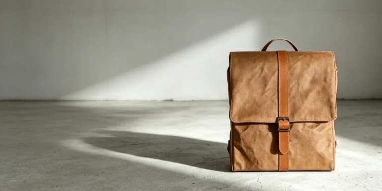 Custom washable kraft paper backpack with leather buckle closure for eco-friendly corporate gifts.
