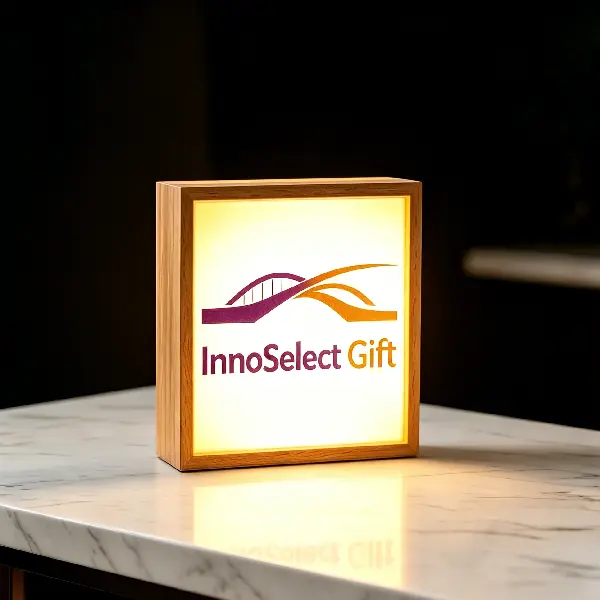 A corporate milestone gift with custom minimalist wooden shadow box night light that displays the company logo, anniversary milestone, or team illustration.