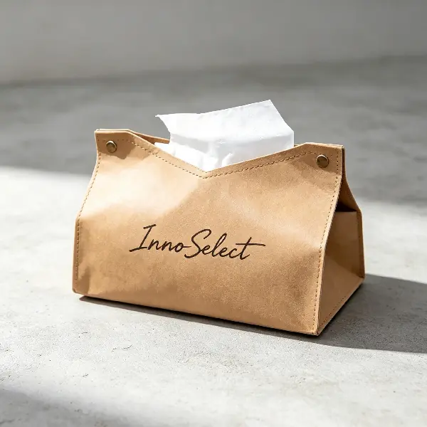 Minimalist washable paper desk tissue holder with snap buttons for custom executive office gifts.