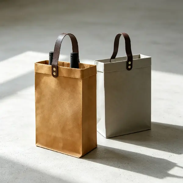 Premium kraft paper wine gift bag with riveted leather handles for customized high-end corporate client gifting.