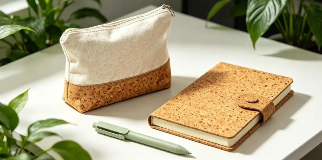 Sustainable corporate gift set with cork notebook, cork and canvas organizing bag and wheat straw ballpoint pen
