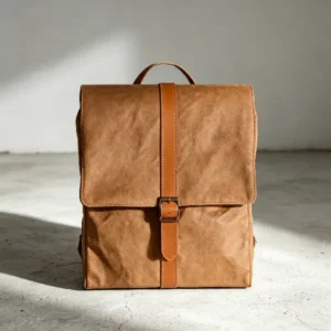 Custom washable kraft paper backpack with leather buckle closure for eco-friendly corporate gifts.