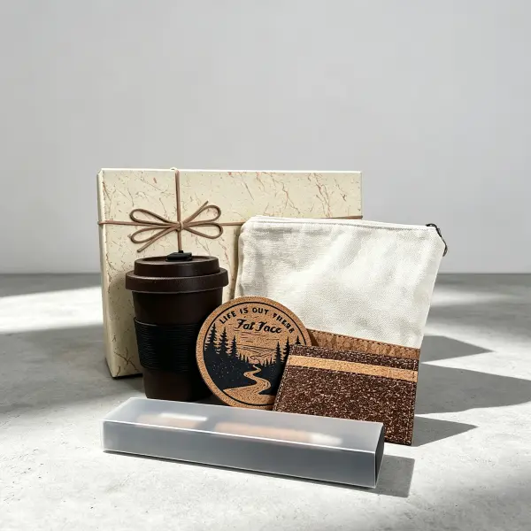 Eco friendly welcome packages for corporate employee, bespoke gift box with mug and card holder made from coffee grounds, pouch, coaster and ballpoint pen made of cork.