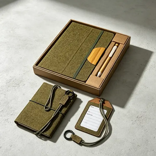 Sustainable green tea grounds notebook and ballpoint pen set, passport holder and luggage tag, InnoSelect custom employee onboarding kits