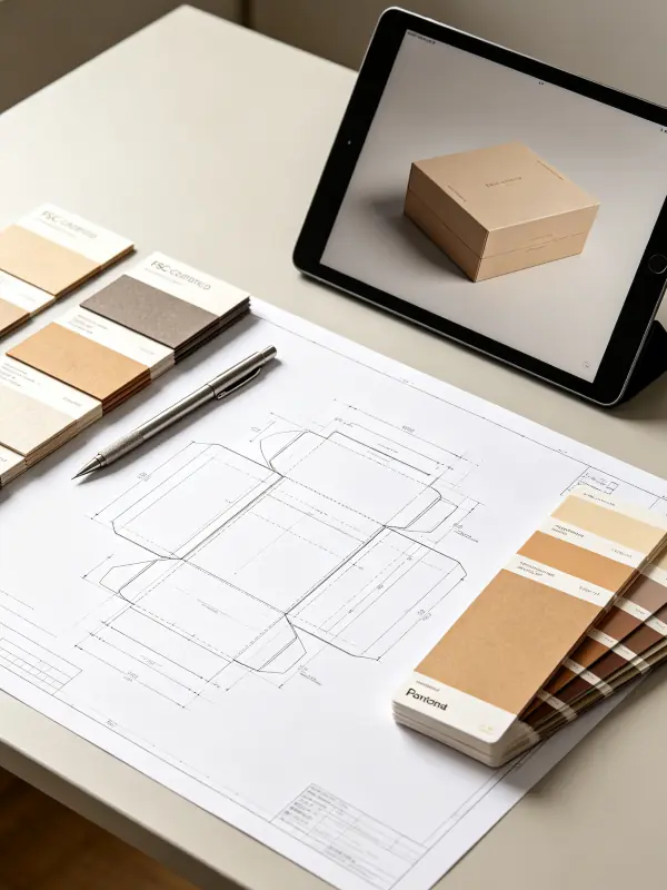 o Industrial design studio desktop displaying custom packaging CAD dielines for B2B corporate merchandise sourcing.