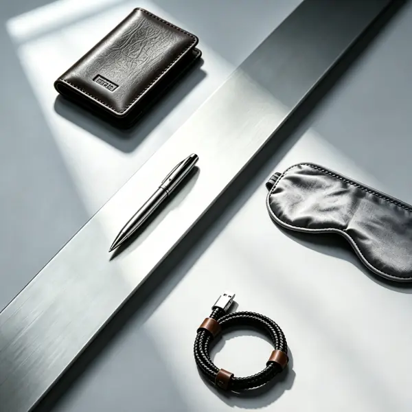 InnoSelect Gift executive and VIP client travel kit with a titanium ballpoint pen, a genuine leather business card holder, a braided multi-charging cable, and a pure silk sleep mask.