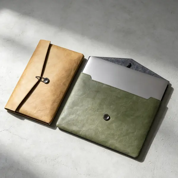 Minimalist waterproof Tyvek laptop sleeve with envelope closure for remote employee gift sets.