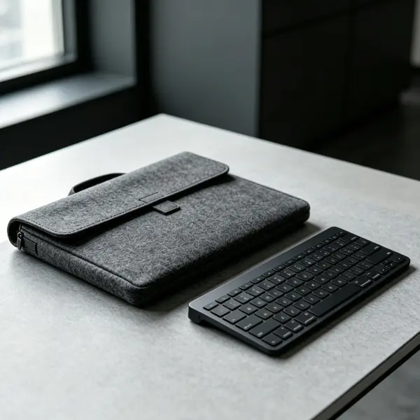 Corporate executive gifts with eco-friendly felt laptop sleeve and wireless keyboard for remote work.