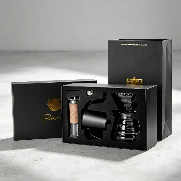 InnoSelect premium pour over coffee maker gift set with manual coffee grinder, coffee dripper and kettle, best option for trade show event giveaways to VIP clients.