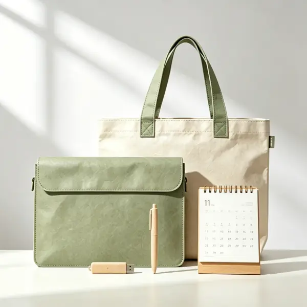 InnoSelect Gift ESG custom corporate gift boxes for employee or client appreciation, equipped with a durable Tyvek water-resistant laptop sleeve, a washable Kraft paper tote, a 100% recycled paper desktop planner, and wheat-fiber desk accessories.