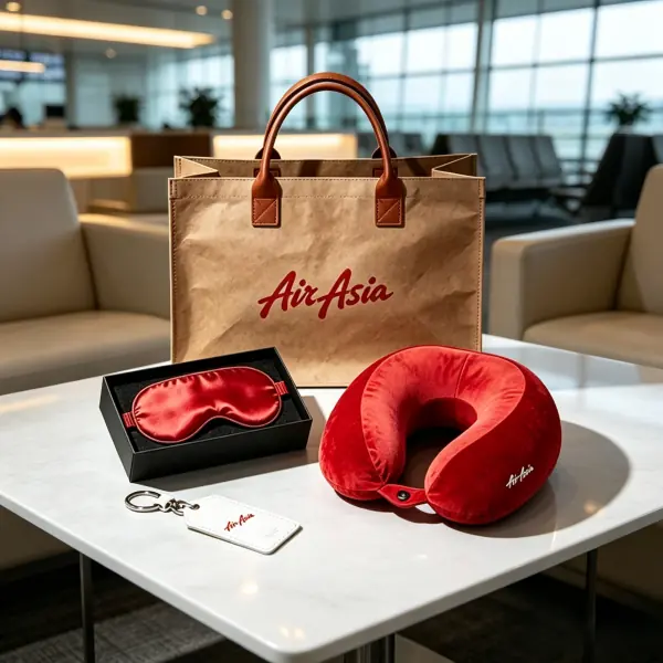 Custom AirAsia corporate anniversary flight recovery gift set featuring a branded washable kraft paper tote bag, red travel neck pillow, and sleep eye mask displayed on a lounge table.