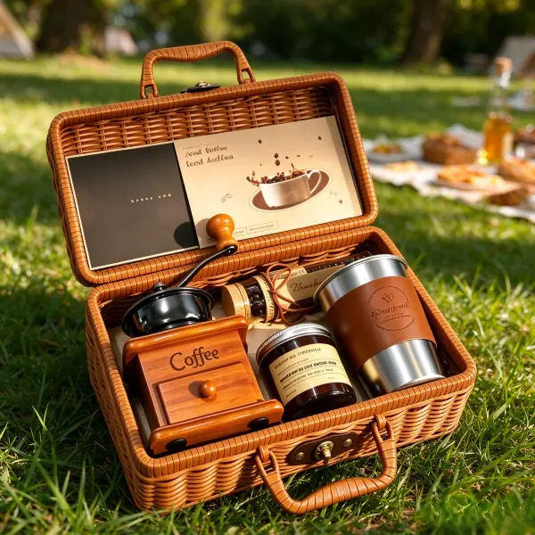 Handcrafted rattan briefcase gift set with a manual coffee grinder, coffee beans jar, and thermal travel mug for executive outdoor rituals.