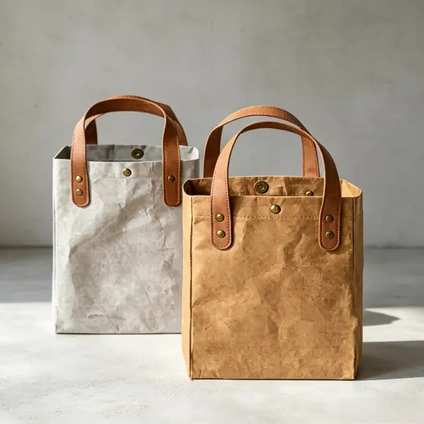 Small square-base washable kraft paper gift tote bags in tan and grey with reinforced carry handles.