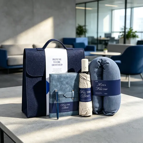 Business travel event gift set featuring navy blue felt handbag, blue faux leather notebook, compact umbrella, and ergonomic travel neck pillow.