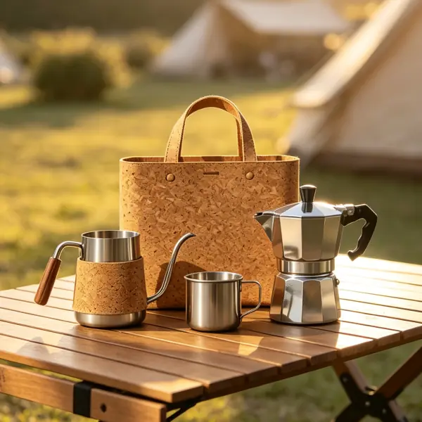Eco-friendly corporate milestone gift set including a natural cork Moka coffee pot, stainless steel gooseneck kettle, espresso cups, and a structured cork tote bag for work anniversary recognition.