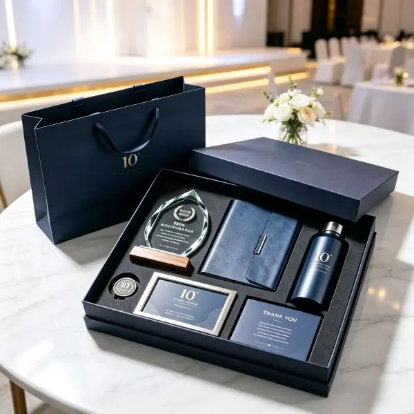 Luxury 6-in-1 executive corporate anniversary presentation gift box containing a custom crystal trophy award, leatherette notebook, thermal vacuum flask, commemorative pen, and pin.