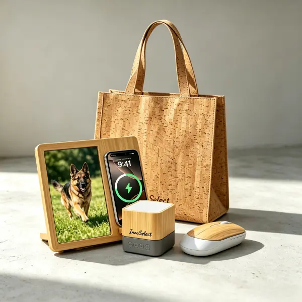 Custom branded eco onboarding kit featuring a natural cork tote bag, bamboo photo frame with built-in wireless phone charger, bamboo wireless mouse, and compact bamboo Bluetooth speaker with InnoSelect logo.