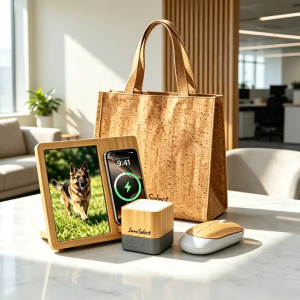 Eco-friendly corporate employee gift kit with a natural bamboo wireless charging pad, wooden photo frame, bamboo Bluetooth speaker, eco mouse, and cork tote bag on an office desk.